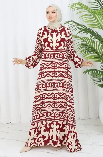 Viskose Stoff Gemustertes Kleid 0057-03 Weinrot Beige 0057-03