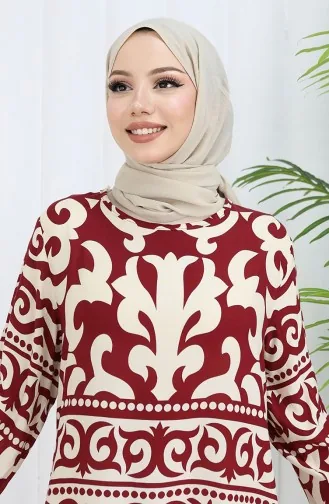Viskose Stoff Gemustertes Kleid 0057-03 Weinrot Beige 0057-03