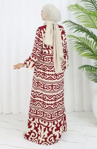 Viskose Stoff Gemustertes Kleid 0057-03 Weinrot Beige 0057-03