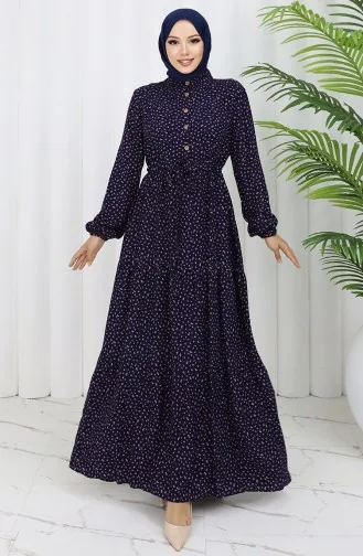 Viscose Fabric Half Buttoned Patterned Dress 0068-05 Navy Blue 0068-05