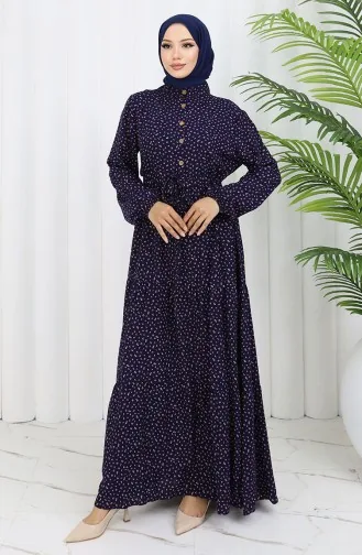 Viscose Fabric Half Buttoned Patterned Dress 0068-05 Navy Blue 0068-05
