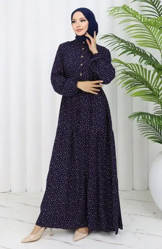 Viscose Fabric Half Buttoned Patterned Dress 0068-05 Navy Blue 0068-05