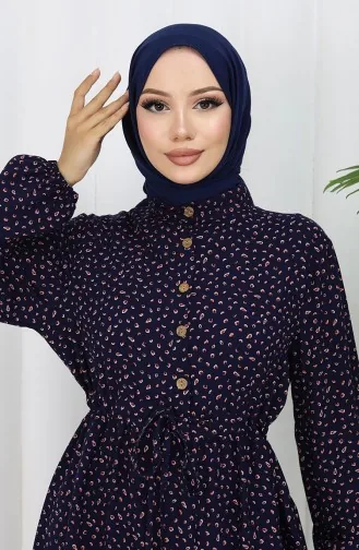 Viscose Fabric Half Buttoned Patterned Dress 0068-05 Navy Blue 0068-05
