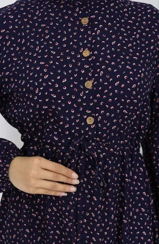 Viscose Fabric Half Buttoned Patterned Dress 0068-05 Navy Blue 0068-05