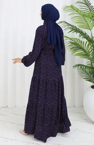 Viscose Fabric Half Buttoned Patterned Dress 0068-05 Navy Blue 0068-05
