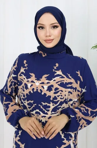 فستان منقوش من قماش الفيسكوز 2040-01 أزرق داكن من المنك 2040-01