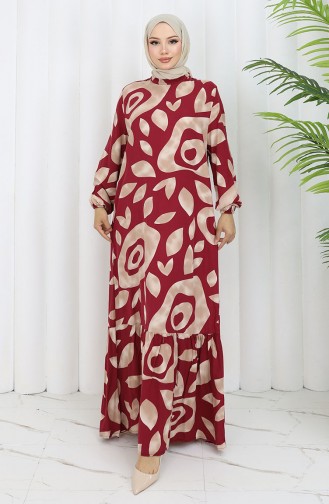Viskon Kumaş Desenli Elbise 2041-02 Bordo Vizon