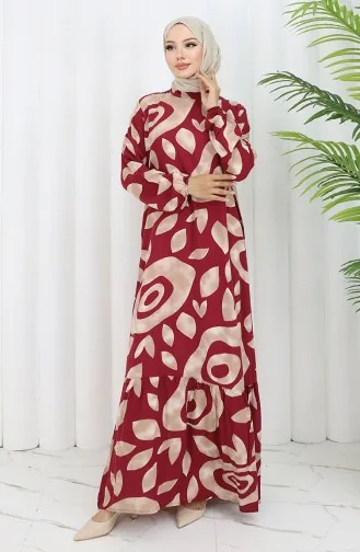 فستان منقوش من قماش الفيسكوز 2041-02 من المنك العنابي 2041-02