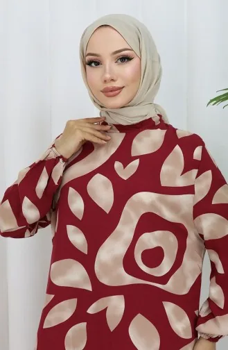 فستان منقوش من قماش الفيسكوز 2041-02 من المنك العنابي 2041-02