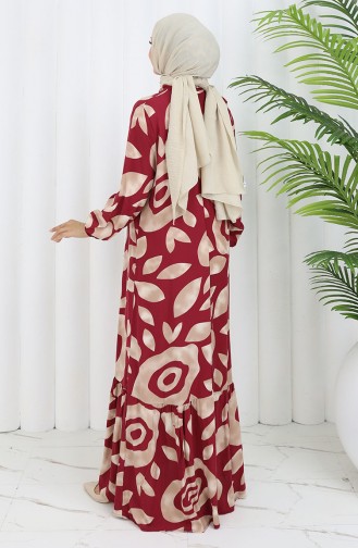Viskon Kumaş Desenli Elbise 2041-02 Bordo Vizon