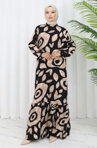 فستان منقوش من قماش الفيسكوز 2041-03 أسود من المنك 2041-03