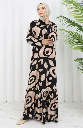فستان منقوش من قماش الفيسكوز 2041-03 أسود من المنك 2041-03
