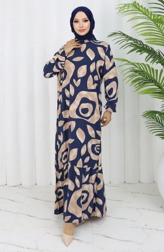 فستان منقوش من قماش الفيسكوز 2041-04 أزرق داكن من المنك 2041-04
