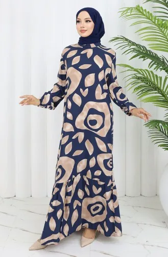 فستان منقوش من قماش الفيسكوز 2041-04 أزرق داكن من المنك 2041-04