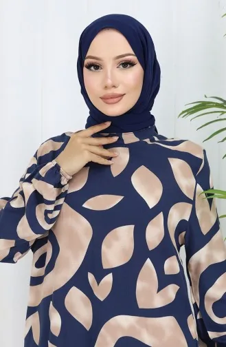 فستان منقوش من قماش الفيسكوز 2041-04 أزرق داكن من المنك 2041-04