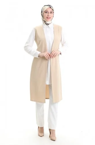 Mevsimlik Uzun Basic Yelek Büyük Beden Anne Yelek 8748-03 Bej