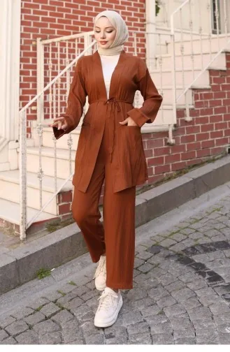Cep Detaylı Kimono Takım Kahverengi