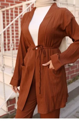 Cep Detaylı Kimono Takım Kahverengi