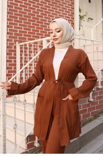 Cep Detaylı Kimono Takım Kahverengi