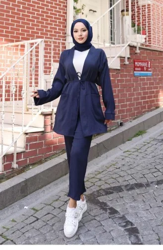 Kimono Suit With Pocket Detail Navy Blue 729