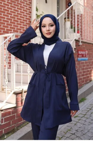 Kimono Suit With Pocket Detail Navy Blue 729