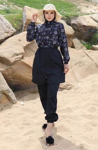 Hijab-Badeanzug Mit Ankermuster Und Elastischem Bund 5038-01 Schwarzblau 5038-01