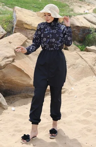 Hijab-Badeanzug Mit Ankermuster Und Elastischem Bund 5038-01 Schwarzblau 5038-01