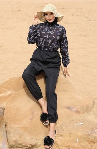 Hijab-Badeanzug Mit Ankermuster Und Elastischem Bund 5038-01 Schwarzblau 5038-01