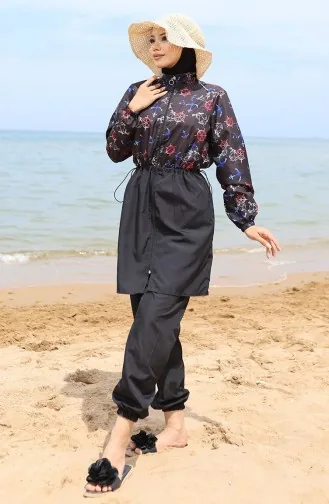 Hijab-badpak Met Ankerpatroon En Elastische Taille 5038-02 Rood Zwart 5038-02