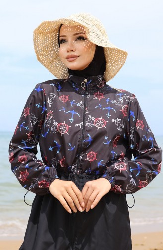Maillot De Bain Hijab Taille Elastique à Motifs Ancre 5038-02 Rouge Noir 5038-02