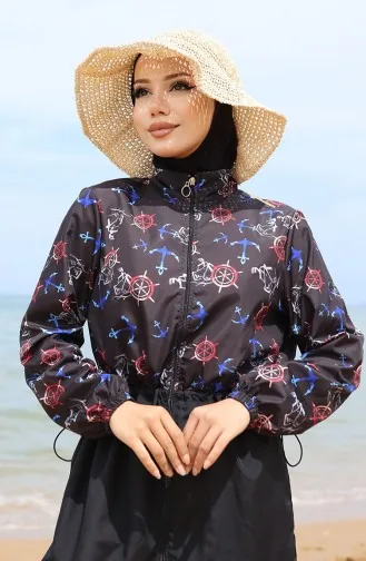 Hijab-badpak Met Ankerpatroon En Elastische Taille 5038-02 Rood Zwart 5038-02