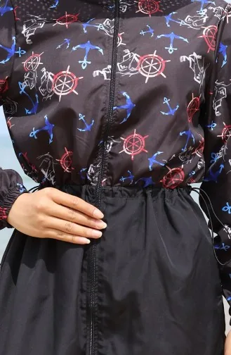 Hijab-badpak Met Ankerpatroon En Elastische Taille 5038-02 Rood Zwart 5038-02