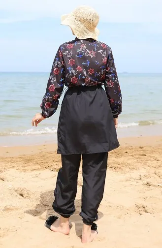 Hijab-badpak Met Ankerpatroon En Elastische Taille 5038-02 Rood Zwart 5038-02