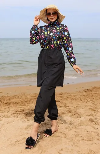 Hijab-Badeanzug Mit Geometrischem Muster Und Elastischem Bund 5041-01 Schwarz 5041-01