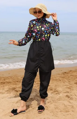 Hijab-Badeanzug Mit Geometrischem Muster Und Elastischem Bund 5041-01 Schwarz 5041-01