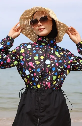 Hijab-Badeanzug Mit Geometrischem Muster Und Elastischem Bund 5041-01 Schwarz 5041-01