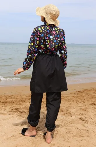 Hijab-Badeanzug Mit Geometrischem Muster Und Elastischem Bund 5041-01 Schwarz 5041-01