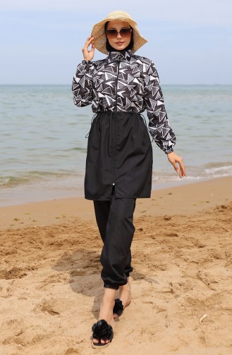 Melis Hijab-Badeanzug Mit Elastischer Taille 5042-01 Schwarz Weiß 5042-01