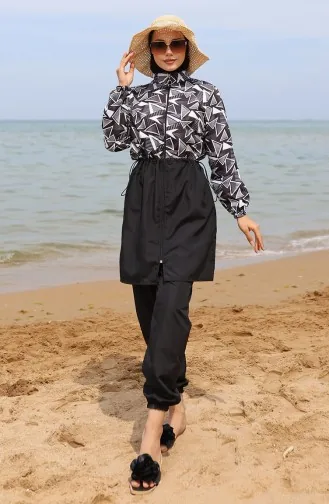 ميليس ملابس سباحة للحجاب بتصميم مطاط عند الخصر 5042-01 لون أسود وأبيض 5042-01