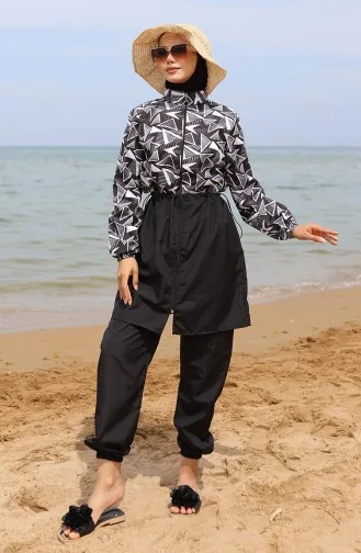 ميليس ملابس سباحة للحجاب بتصميم مطاط عند الخصر 5042-01 لون أسود وأبيض 5042-01