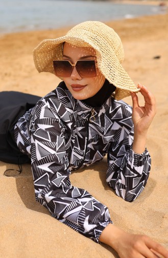 Melis Hijab-Badeanzug Mit Elastischer Taille 5042-01 Schwarz Weiß 5042-01