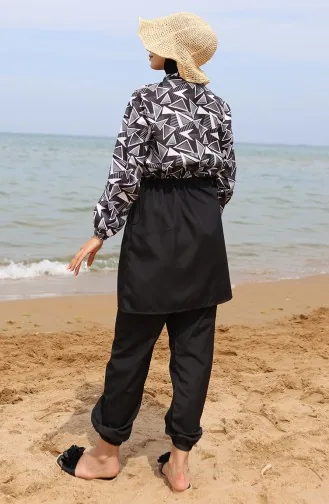 ميليس ملابس سباحة للحجاب بتصميم مطاط عند الخصر 5042-01 لون أسود وأبيض 5042-01