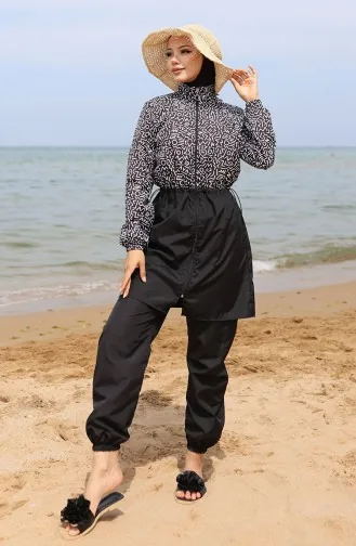 Selen Maillot De Bain Hijab Taille Elastique 5043-01 Noir Blanc 5043-01