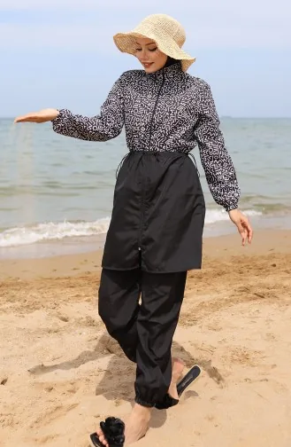 Selen Maillot De Bain Hijab Taille Elastique 5043-01 Noir Blanc 5043-01