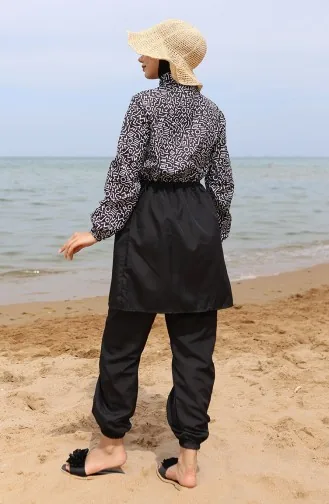 Selen Maillot De Bain Hijab Taille Elastique 5043-01 Noir Blanc 5043-01