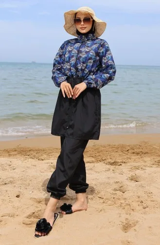 ملابس سباحة للحجاب بتصميم مُطبع عند الخصر 5044-01 لون أزرق وأسود 5044-01