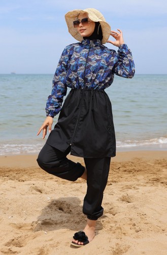 Gemusterter Hijab-Badeanzug Mit Geraffter Taille 5044-01 Blau Schwarz 5044-01