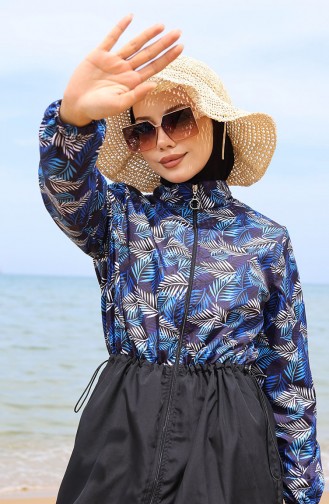 Gemusterter Hijab-Badeanzug Mit Geraffter Taille 5044-01 Blau Schwarz 5044-01