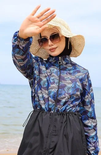 ملابس سباحة للحجاب بتصميم مُطبع عند الخصر 5044-01 لون أزرق وأسود 5044-01