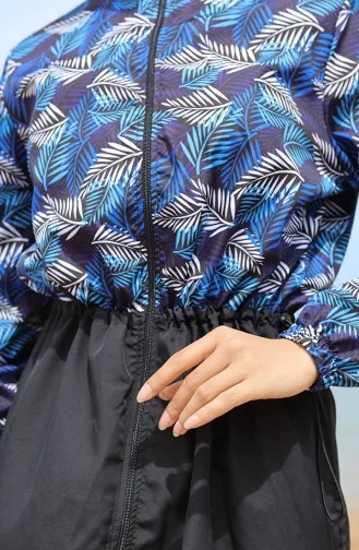 ملابس سباحة للحجاب بتصميم مُطبع عند الخصر 5044-01 لون أزرق وأسود 5044-01